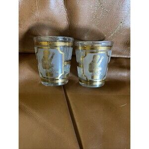 Lot Of 2 VTG Libbey Culver Gold Gilded Shot Glasses Elvis Presley Graceland